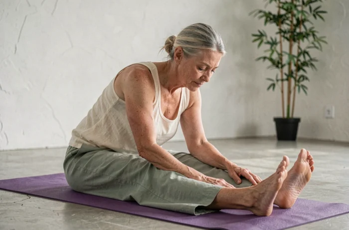 Femme mature pratiquant une flexion avant assise sur un tapis de yoga violet dans un studio de bien-être minimaliste