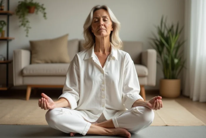 Femme pratiquant la méditation sur un tapis de yoga dans un salon apaisant pour prendre soin de sa santé mentale au quotidien