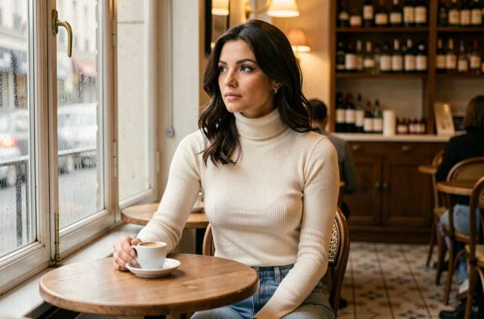 Jeune femme mystérieuse et élégante dans un café parisien, portrait intimiste en lumière naturelle
