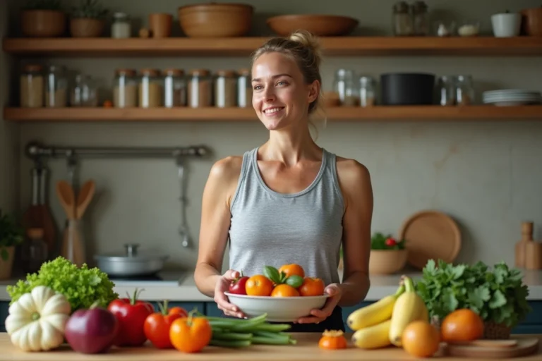 Femme préparant un repas équilibré avec des légumes frais dans une cuisine moderne pour prendre soin de sa santé au quotidien