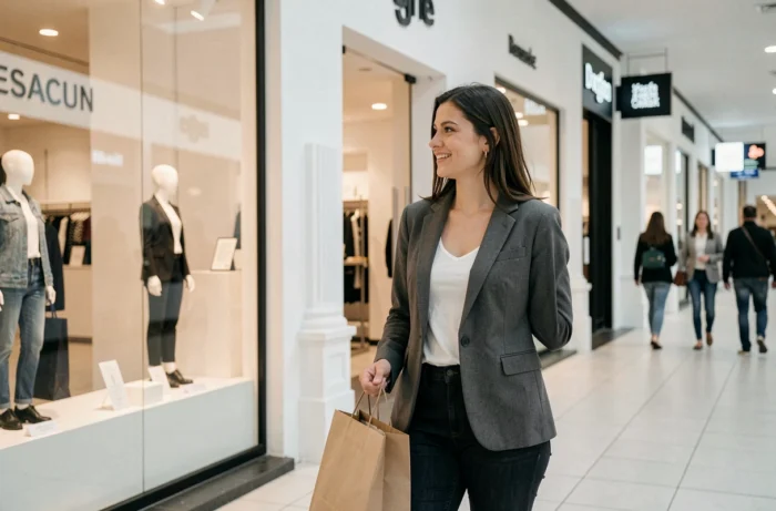 Femme faisant du shopping devant une boutique du centre commercial Bois Cany à Grand Quevilly