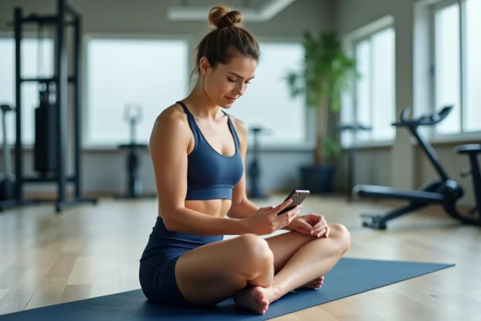 Femme assise en tailleur sur un tapis de yoga portant un short cycliste ajusté dans une salle de sport