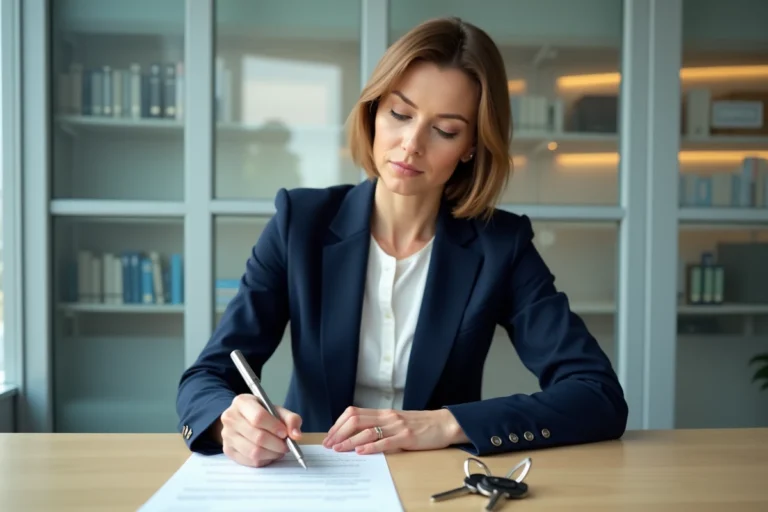 Femme professionnelle signant une lettre de remise de clés sur un bureau moderne avec des clés posées à côté du document