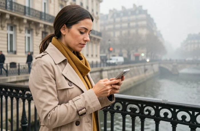 Femme parisienne consultant l'application Intraparis sur son smartphone près de la Seine à Paris