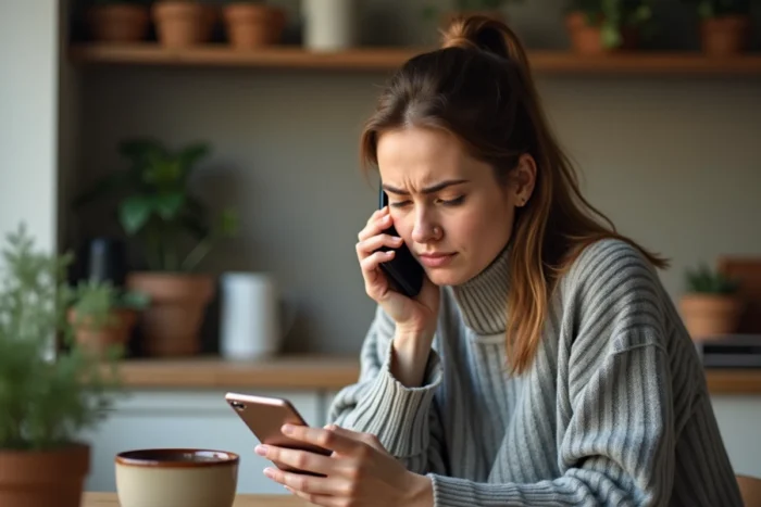 Femme frustrée tenant un smartphone essayant d'utiliser la recherche vocale qui ne fonctionne pas