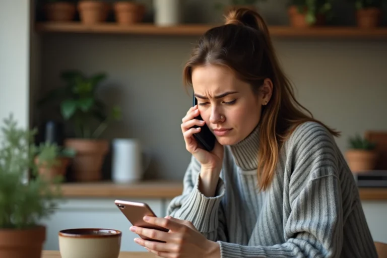 Femme frustrée tenant un smartphone essayant d'utiliser la recherche vocale qui ne fonctionne pas