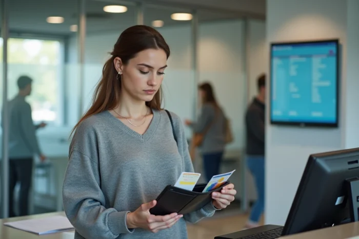 Femme vérifiant les informations de son permis de conduire dans un service administratif