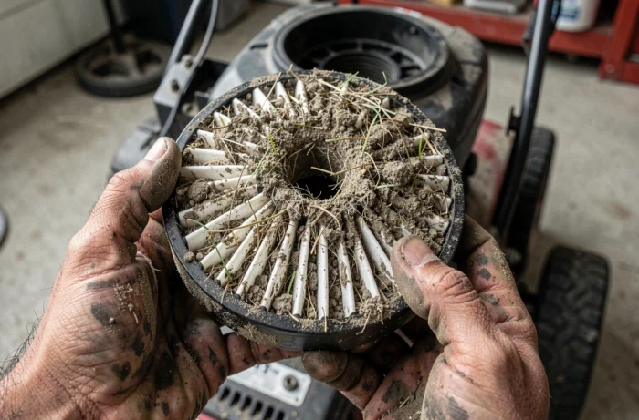 Filtre à air de tondeuse colmaté et encrassé tenu dans des mains de mécanicien, montrant une accumulation épaisse de poussière et de débris d'herbe