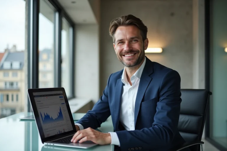 Fondateur de startup fintech assis à son bureau avec des graphiques financiers sur écran, ambiance bureau moderne parisien