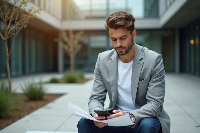 Homme d'affaires fondateur de startup consultant son portfolio d'investissement sur smartphone dans une cour de campus technologique urbain