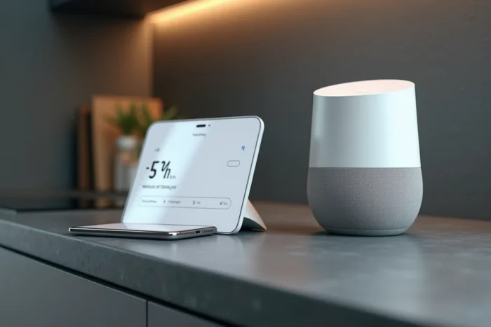 Freebox Pop et Google Nest Hub côte à côte pour une configuration de contrôle vocal optimal
