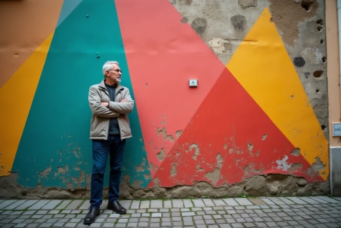 Homme devant une fresque urbaine aux trois couleurs harmonieuses bleu sarcelle, rouge corail et jaune doré sur mur en béton