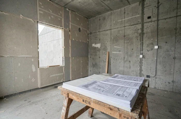 Garage en cours de transformation en chambre avec documents de permis de construire posés sur un établi