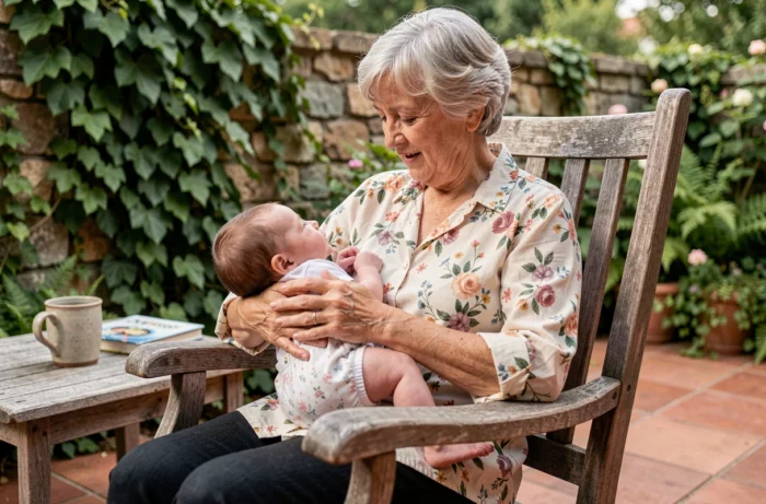 Grand-mère bercant tendrement son nourrisson dans un rocking chair sur une terrasse de jardin verdoyante
