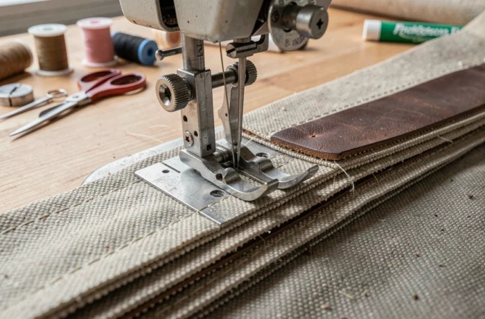 Gros plan sur l'aiguille d'une machine à coudre traversant des couches de tissus épais en toile et cuir