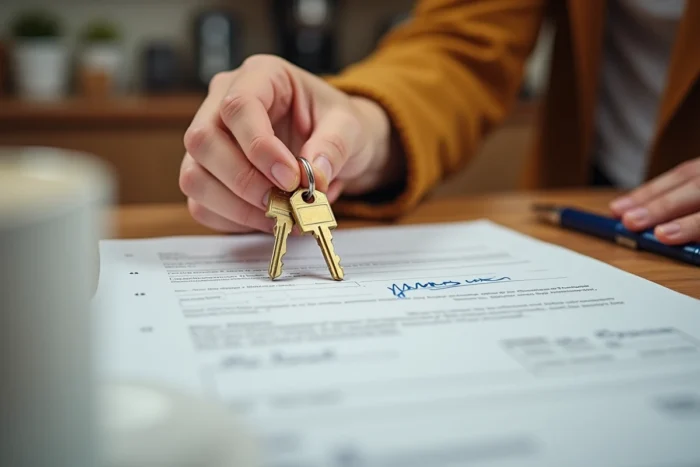 Gros plan de clés dorées posées sur une lettre de remise de clés signée avec stylo sur une table en bois