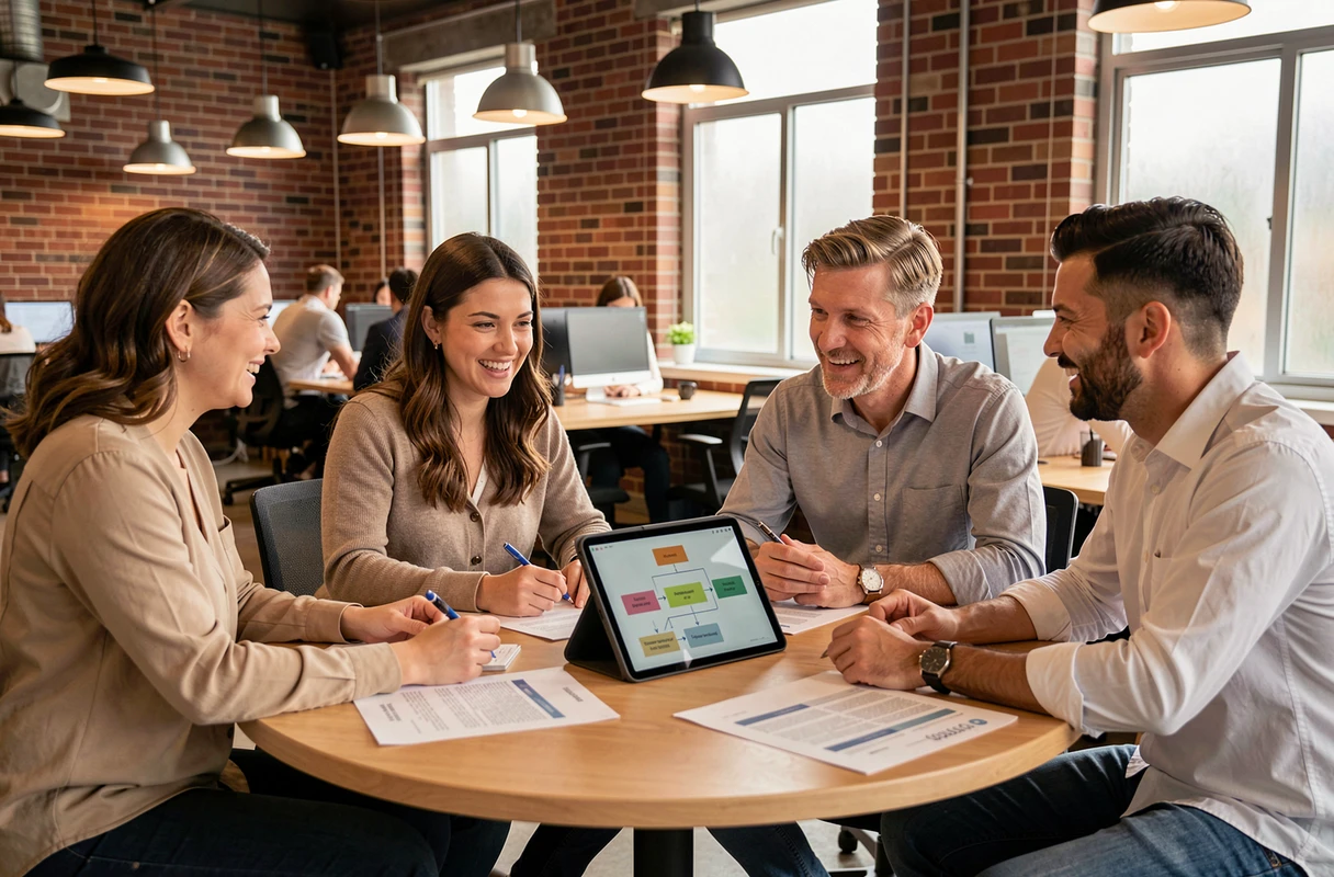 Un groupe de professionnels collaborant autour d'une table sur une stratégie de communication dans un espace de coworking moderne