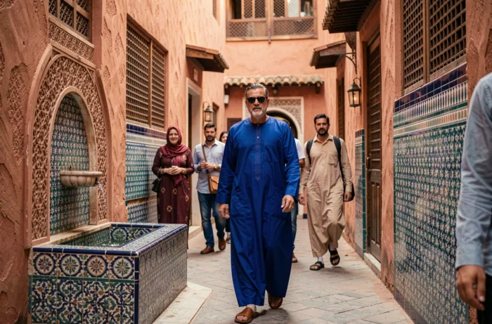 Guide touristique local en robe indigo traversant une ruelle de médina marocaine avec des voyageurs