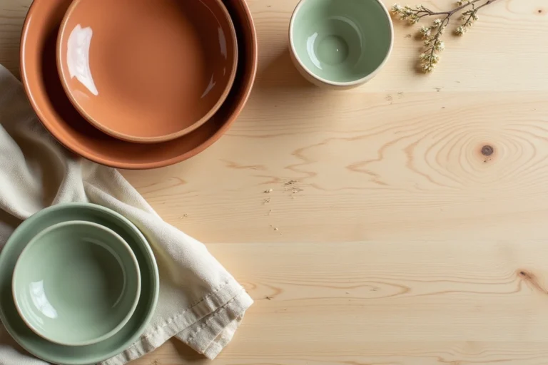 Harmonie de trois couleurs terracotta, vert sauge et ivoire dans un flat lay de céramiques et textiles sur table en bois
