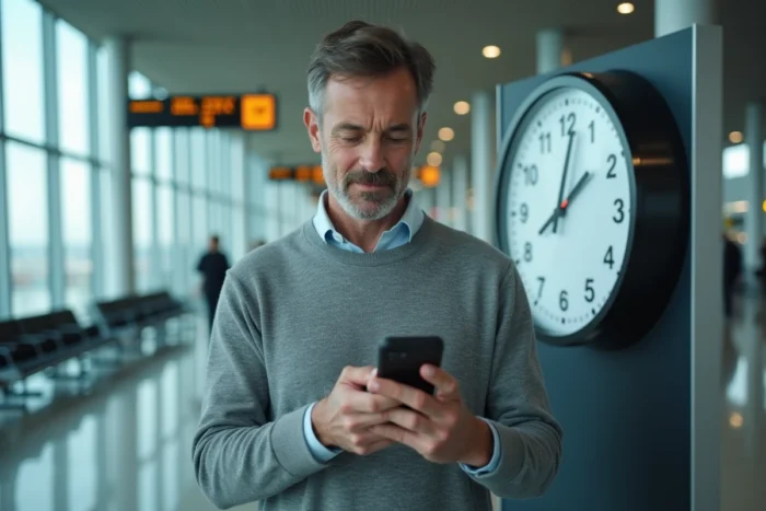 Homme dans un terminal d'aéroport utilisant une application de conversion de fuseau horaire pour gérer un rendez-vous international avec New York