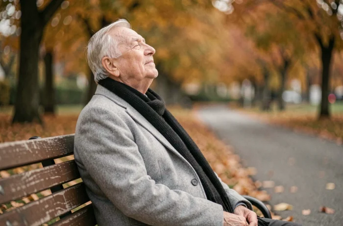 Homme âgé aux yeux fermés sur un banc de parc en automne, expression sereine et méditative en plein air
