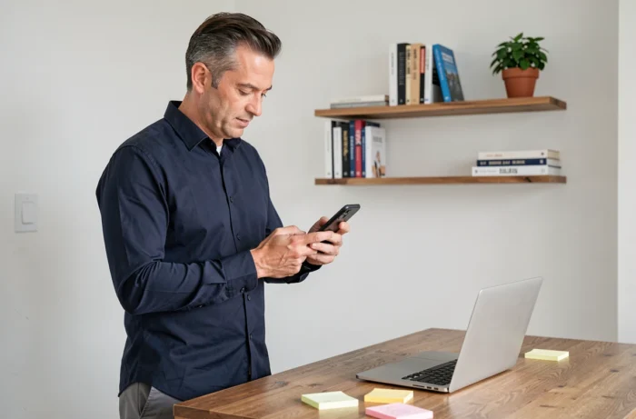 Homme gérant ses finances personnelles avec une application sur smartphone dans un bureau à domicile