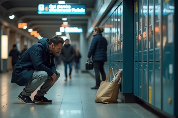 Homme lisant un avis de panne sur une borne Vinted Go dans une gare