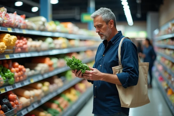 Homme comparant des étiquettes de produits dans un supermarché pour faire des économies