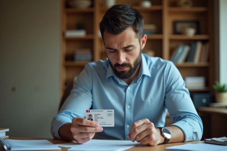 Homme consultant sa date de délivrance sur son permis de conduire français à son bureau