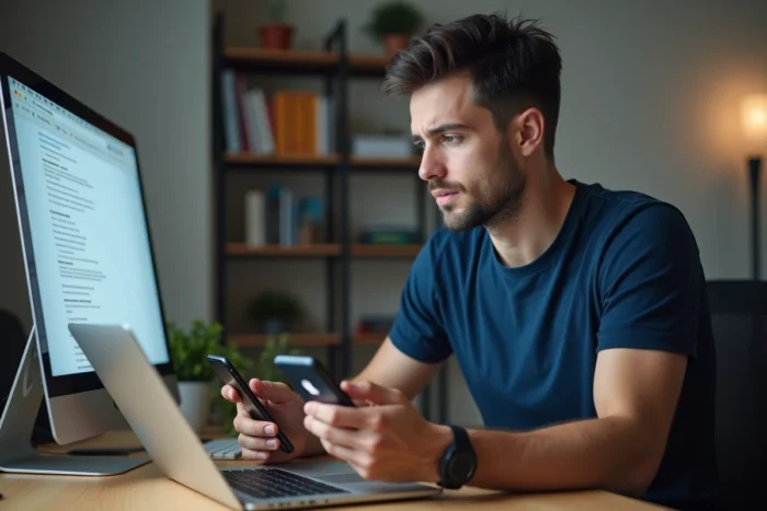 Homme cherchant à résoudre un problème réseau Messenger sur smartphone et ordinateur portable dans un bureau à domicile