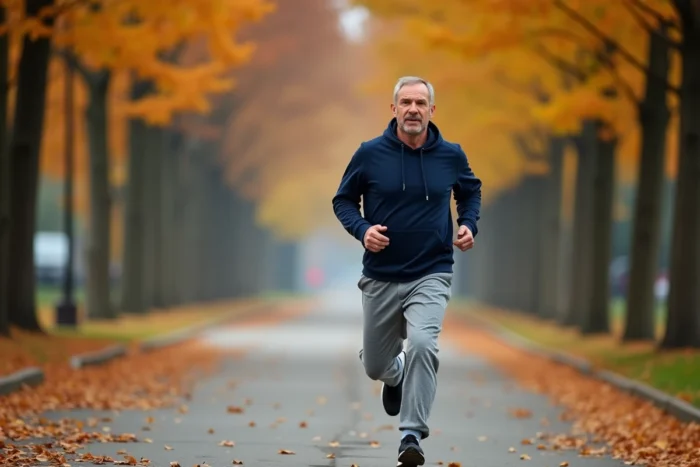 Homme faisant du jogging sur un chemin arboré en automne pour maintenir une bonne santé physique au quotidien