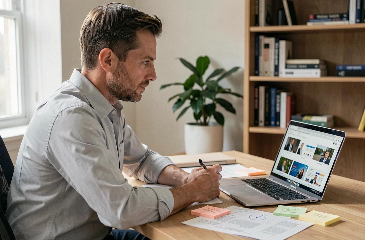 Un homme concentré préparant les notes de sa présentation sur un bureau avec un ordinateur portable dans un bureau à domicile
