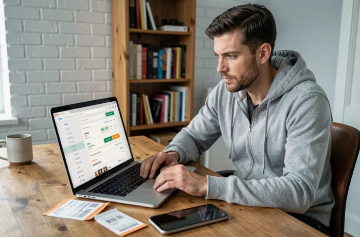 Homme consultant le suivi de colis en ligne sur un ordinateur portable, cherchant une solution pour un colis Vinted non récupéré par le vendeur