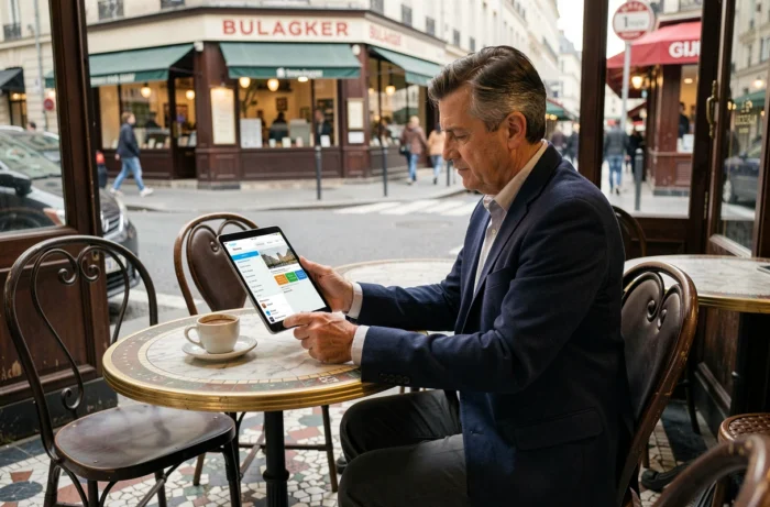 Homme d'affaires utilisant une application nomade sur tablette dans un café parisien