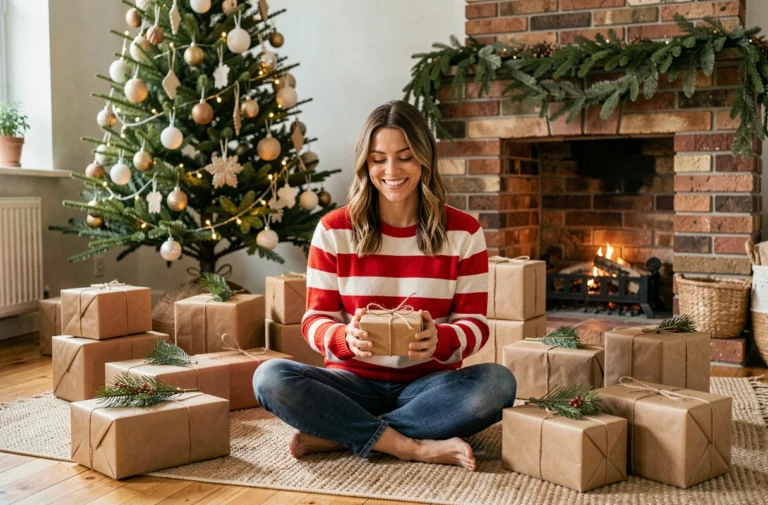 Femme souriante entourée de cadeaux de Noël emballés dans un salon chaleureux décoré pour les fêtes