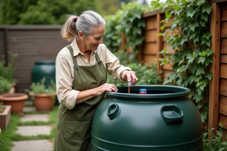 Femme inspectant un récupérateur d'eau de pluie dans un jardin pour optimiser la conservation de l'eau