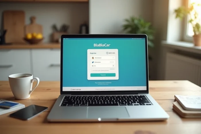 Ordinateur portable affichant l'interface de paiement BlaBlaCar avec carte bancaire sur une table en bois