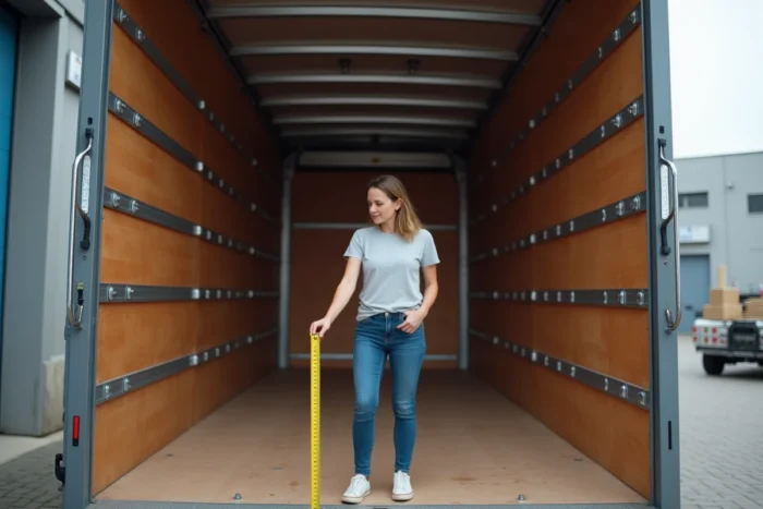 Intérieur de la caisse d'un camion 12m3 avec dimensions mesurées par une femme lors d'une préparation de déménagement