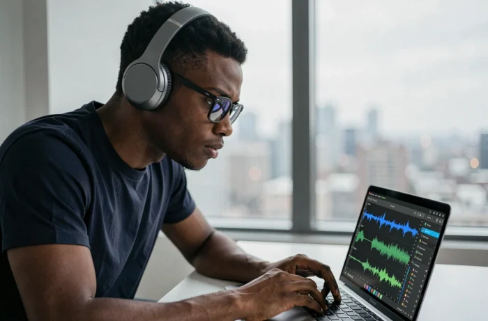 Jeune homme utilisant une interface IA pour mixer sa voix sur une musique depuis son appartement