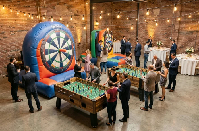 Salle de réception intérieure avec jeux gonflables géants lors d'une fête d'anniversaire privée animée