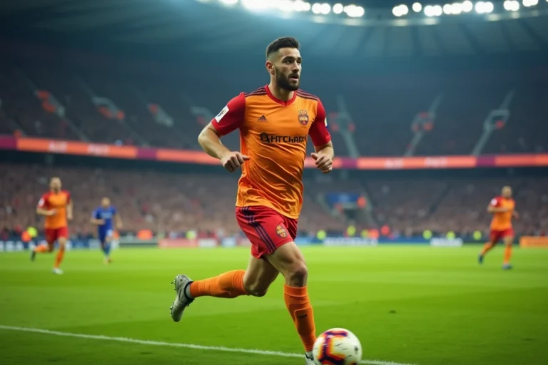 Joueur de football professionnel en plein sprint sur un terrain de gazon lors d'un match compétitif, tendances sportives actuelles