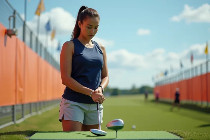 Joueuse de longdrive féminin se préparant à frapper sur le tee lors d'un tournoi professionnel de golf de distance