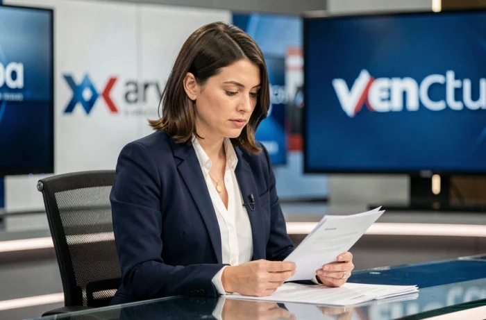 Journaliste professionnelle sur un plateau de télévision, révisant ses notes avant une émission en direct sur LCI