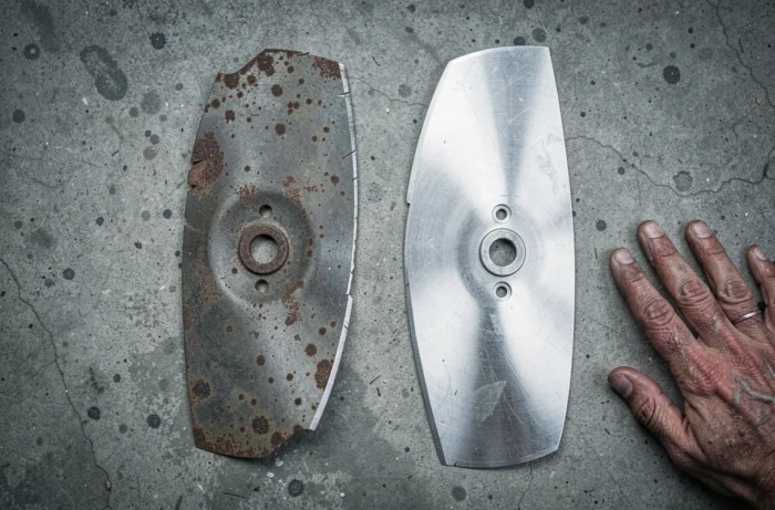 Comparaison entre une vieille lame de tondeuse émoussée et rouillée et une nouvelle lame affûtée posées côte à côte sur un sol en béton