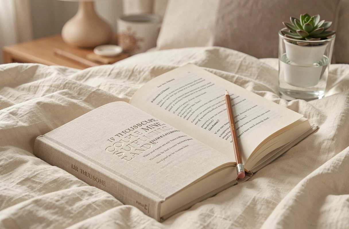 Livre de questions pour couple ouvert sur un lit douillet avec une page remplie de questions imprimées et un crayon dans la reliure