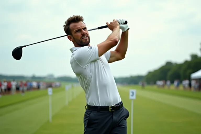 Joueur de longdrive en plein swing lors d'une compétition de golf extrême, vue en contre-plongée sur un couloir de drive