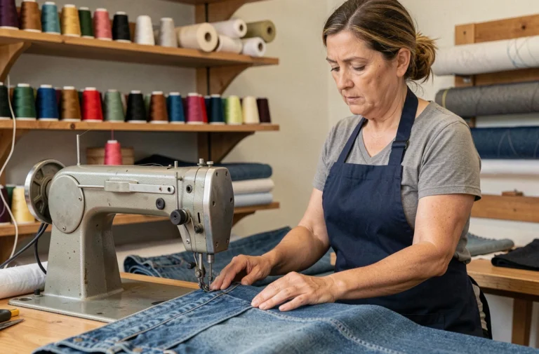Femme utilisant une machine à coudre industrielle pour coudre des tissus épais en denim dans un atelier de couture