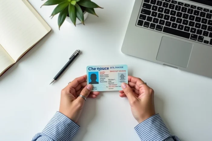 Mains posant un permis de conduire français sur un bureau à côté d'un ordinateur portable