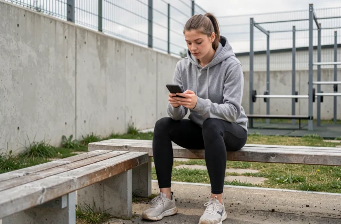 Maryse Evan Jeppe en tenue décontractée consultant ses données d'entraînement sur téléphone dans un complexe sportif en plein air