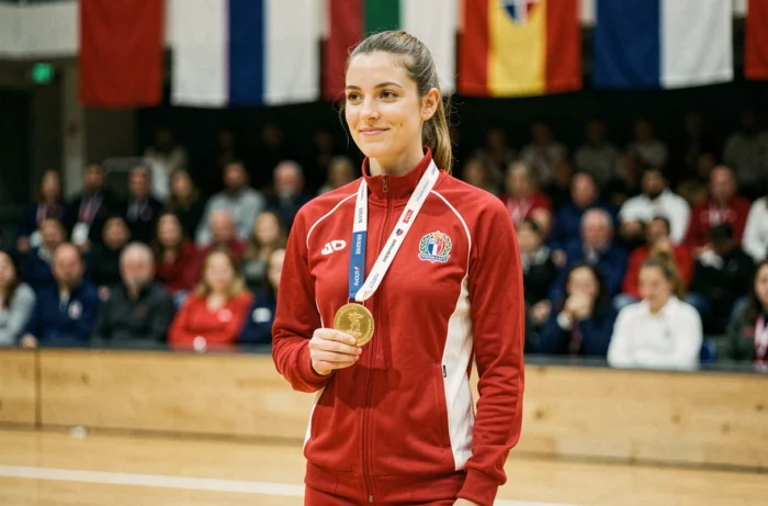 Sportive française Maryse Evan Jeppe sur le podium tenant une médaille d'or lors d'une remise de prix officielle
